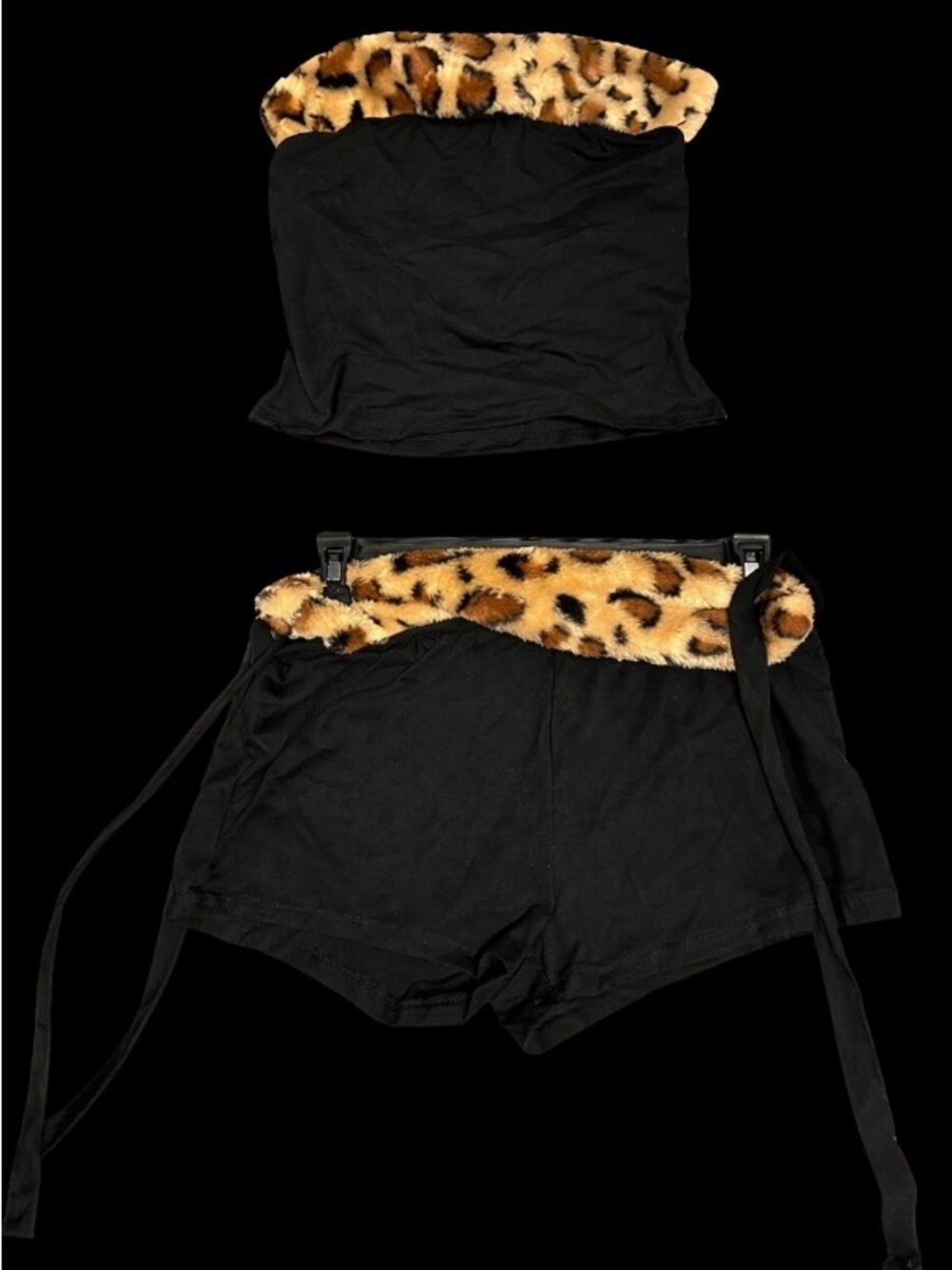SHEIN Black Strapless Two-Piece Set with Leopard Trim